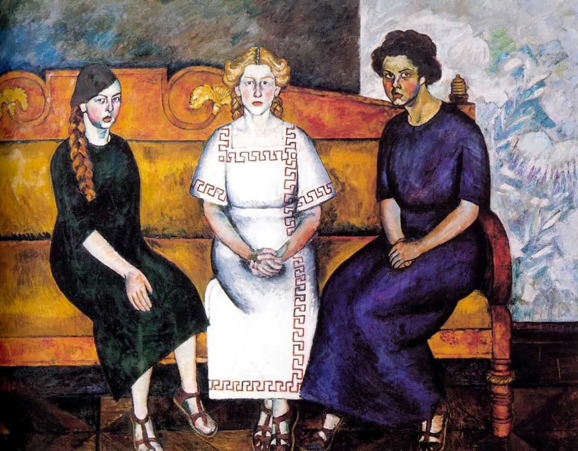 Три сестры на диване. Портрет Н.,Л. и Е.Самойловых — Машков Илья Иванович 