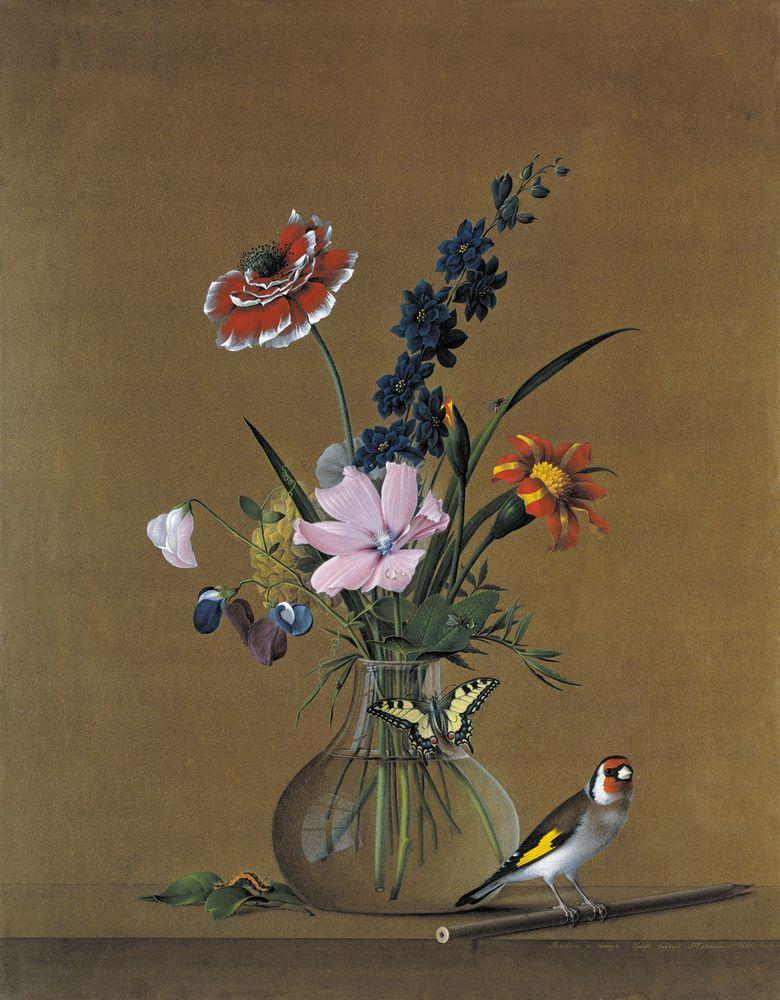Букет цветов, бабочка и птичка — Толстой Федор Петрович 