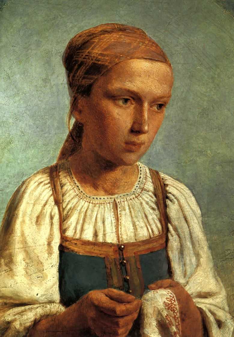Крестьянская девушка за вышиванием — Венецианов Алексей Гаврилович 