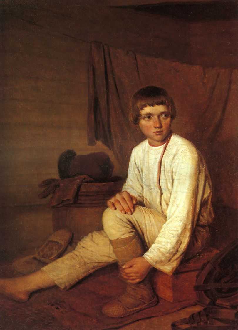 Крестьянский мальчик, надевающий лапти — Венецианов Алексей Гаврилович 